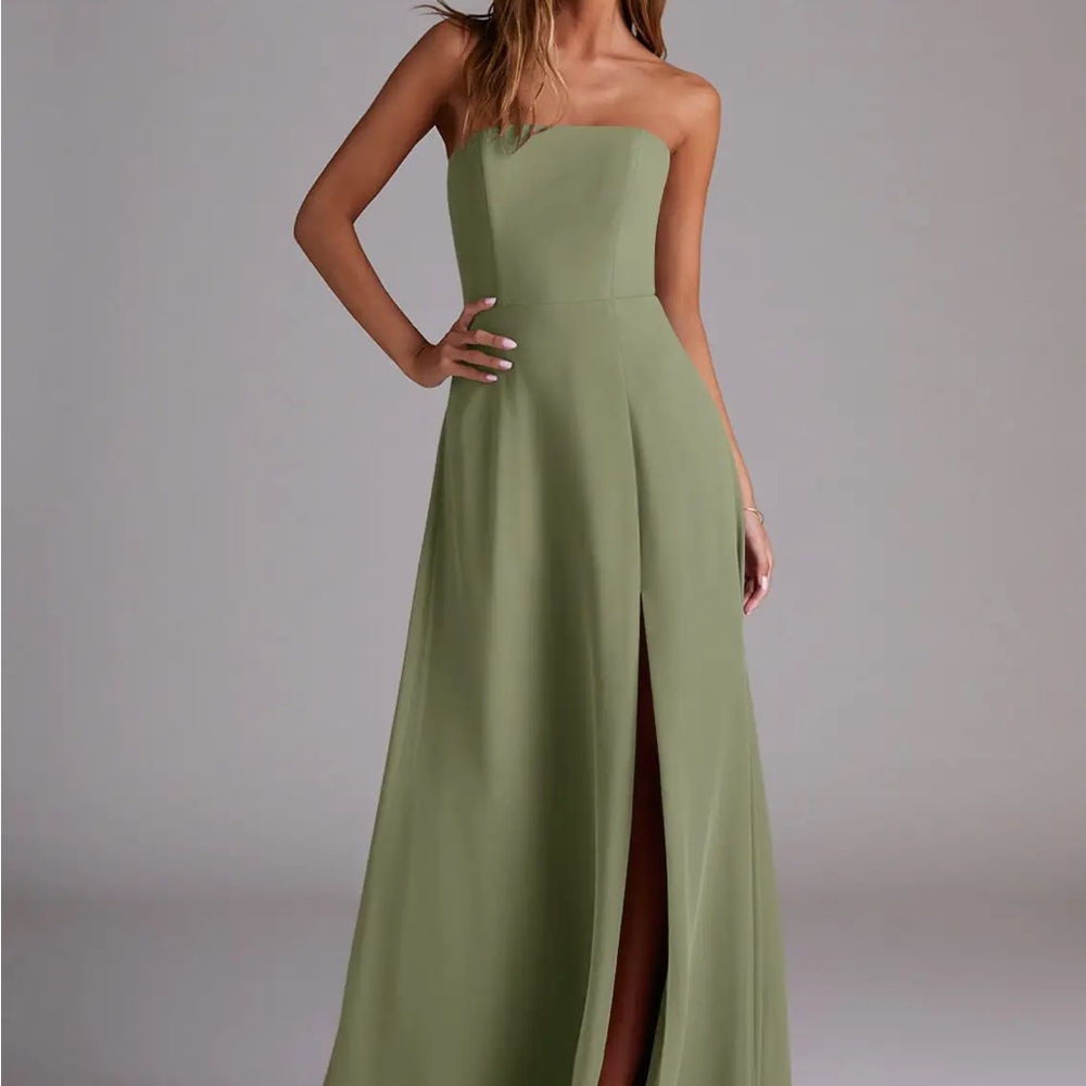 Azazie Olive Green Strapless Slit Evening Dress - Picture 3 of 7